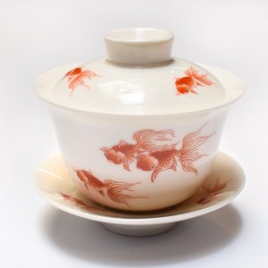 White Porcelain GaiWan Tea Cup and Saucer Set (Gold Fish)